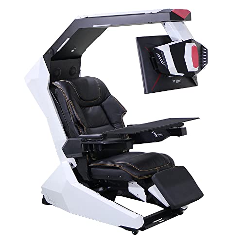 Imperatorworks R1 Pro White Computer Workstation with Massage PU Racing Gaming Chair and Speakers and Support 3 Monitors Zero Gravity Cockpit