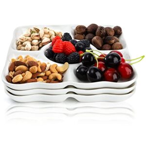 okllen 3 pack porcelain divided serving tray, white appetizer tray platter for chips and dip, 5 compartments decorative fruit veggie tray candy snacks dishes, square, 9.5" l x 9.5" w x 1" h