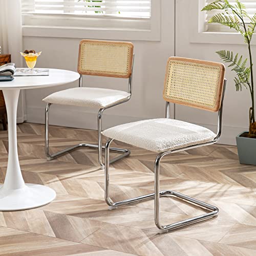Zesthouse Mid-Century Modern Dining Chairs, Accent Rattan Kitchen Chairs, Armless Mesh Back Cane Chairs, Upholstered Fabric Chairs with Metal Chrome Legs, Set of 2, White