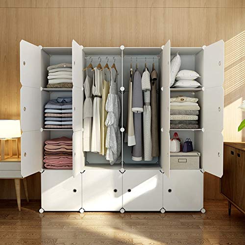 KOUSI Portable Wardrobe Closets 14"x18" Depth Cube Storage, Bedroom Armoire, Storage Organizer with Doors, 16 Cube, White