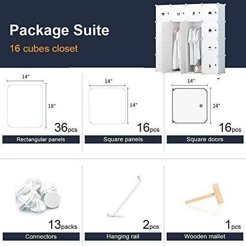 KOUSI Portable Wardrobe Closets 14"x18" Depth Cube Storage, Bedroom Armoire, Storage Organizer with Doors, 16 Cube, White