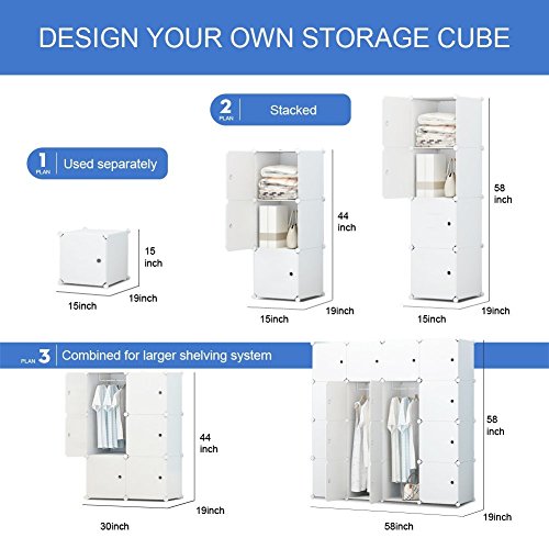 KOUSI Portable Wardrobe Closets 14"x18" Depth Cube Storage, Bedroom Armoire, Storage Organizer with Doors, 16 Cube, White