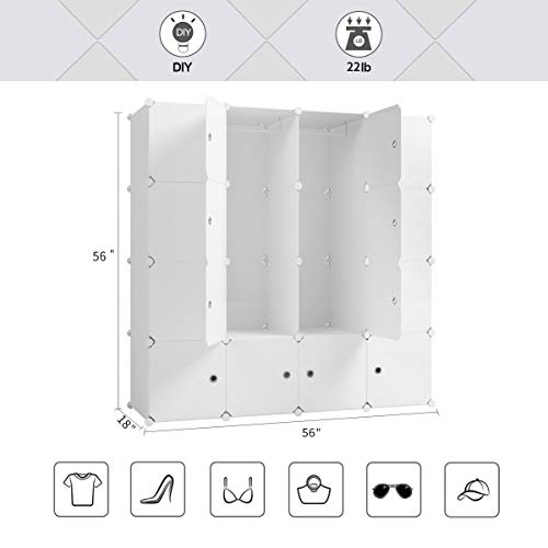 KOUSI Portable Wardrobe Closets 14"x18" Depth Cube Storage, Bedroom Armoire, Storage Organizer with Doors, 16 Cube, White