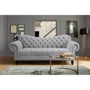 Lexicon Rosalie 83.5" Velvet Fabric Sofa with Nailhead in Light Gray