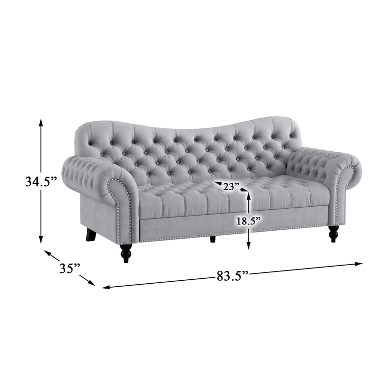 Lexicon Rosalie 83.5" Velvet Fabric Sofa with Nailhead in Light Gray