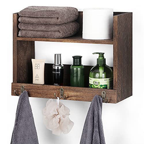 OYEAL Bathroom Towel Shelf Organizer Wall Mounted Bathroom Shelves Wood 2-Tier Over Toilet Utility Storage Shelf Rack with Hooks for Bathroom, Kitchen