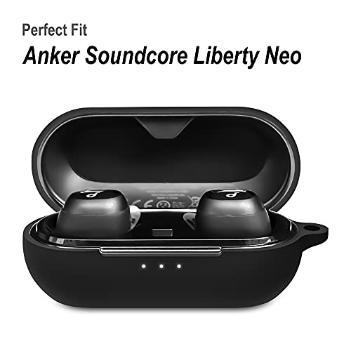Geiomoo Silicone Carrying Case Compatible with Anker Soundcore Liberty Neo, Portable Scratch Shock Resistant Cover with Carabiner (Black)