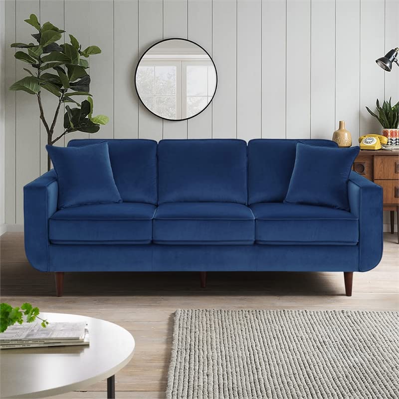 Lexicon Rand 82.5" Mid-Century Velvet Sofa with 2 Pillows in Navy Blue