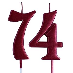 red 74th birthday candle, number 74 years old candles cake topper, woman or man party decorations, supplies