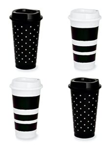 kate spade new york black/white reusable travel tumbler set of 4, 16 ounce bpa-free plastic cups with lids, coffee mugs for hot or cold drinks, dots and stripes