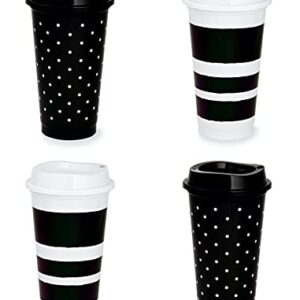 Kate Spade New York Black/White Reusable Travel Tumbler Set of 4, 16 Ounce BPA-Free Plastic Cups with Lids, Coffee Mugs for Hot or Cold Drinks, Dots and Stripes