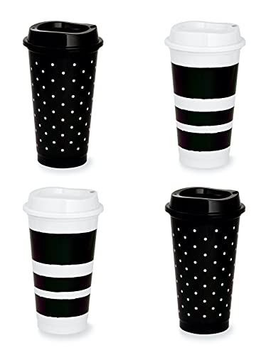 Kate Spade New York Black/White Reusable Travel Tumbler Set of 4, 16 Ounce BPA-Free Plastic Cups with Lids, Coffee Mugs for Hot or Cold Drinks, Dots and Stripes