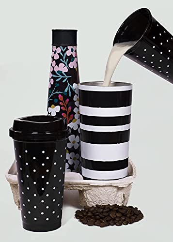 Kate Spade New York Black/White Reusable Travel Tumbler Set of 4, 16 Ounce BPA-Free Plastic Cups with Lids, Coffee Mugs for Hot or Cold Drinks, Dots and Stripes