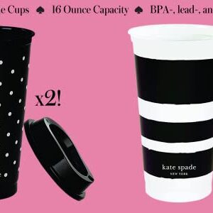 Kate Spade New York Black/White Reusable Travel Tumbler Set of 4, 16 Ounce BPA-Free Plastic Cups with Lids, Coffee Mugs for Hot or Cold Drinks, Dots and Stripes