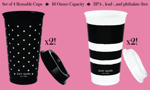 Kate Spade New York Black/White Reusable Travel Tumbler Set of 4, 16 Ounce BPA-Free Plastic Cups with Lids, Coffee Mugs for Hot or Cold Drinks, Dots and Stripes