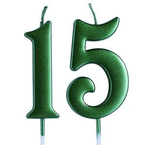 green 15th birthday candle, number 15 years old candles cake topper, boy or girl party decorations, supplies