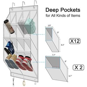 Fentec Over the Door Shoe Organizer, 2 Pack Hanging Shoe Organizer,12 Large Pockets and 2 Larger Storage Various Compartments with 6 Hooks Shoe Storage Rack Organizer for Shoes, Home Accessories, Grey