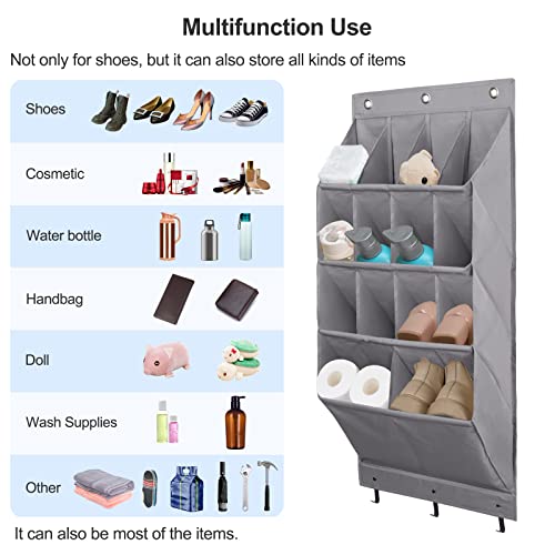 Fentec Over the Door Shoe Organizer, 2 Pack Hanging Shoe Organizer,12 Large Pockets and 2 Larger Storage Various Compartments with 6 Hooks Shoe Storage Rack Organizer for Shoes, Home Accessories, Grey