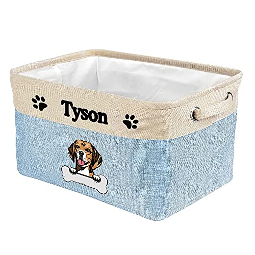 MALIHONG Personalized Foldable Storage Basket with Cute Dog Beagle Collapsible Sturdy Fabric Bone Pet Toys Storage Bin Cube with Handles for Organizing Shelf Home Closet, Blue and White