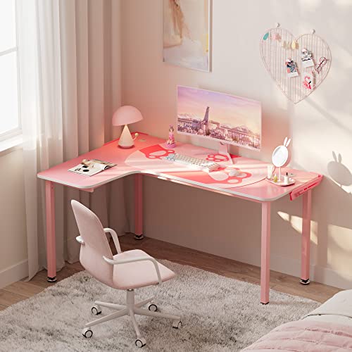 DESIGNA Pink Gaming Desk, 60 inch Pink L Shaped Gaming Desk, with Full Covered Cute Pink Desk mat for Girl Gaming Desk Pink, Easy to Assemble, Left Side