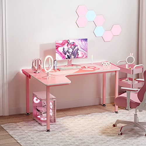 DESIGNA Pink Gaming Desk, 60 inch Pink L Shaped Gaming Desk, with Full Covered Cute Pink Desk mat for Girl Gaming Desk Pink, Easy to Assemble, Left Side