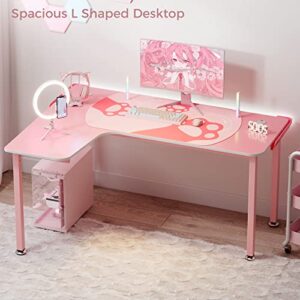 DESIGNA Pink Gaming Desk, 60 inch Pink L Shaped Gaming Desk, with Full Covered Cute Pink Desk mat for Girl Gaming Desk Pink, Easy to Assemble, Left Side