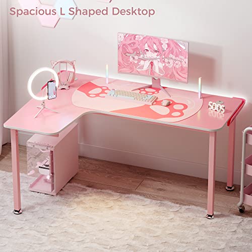 DESIGNA Pink Gaming Desk, 60 inch Pink L Shaped Gaming Desk, with Full Covered Cute Pink Desk mat for Girl Gaming Desk Pink, Easy to Assemble, Left Side