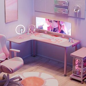 DESIGNA Pink Gaming Desk, 60 inch Pink L Shaped Gaming Desk, with Full Covered Cute Pink Desk mat for Girl Gaming Desk Pink, Easy to Assemble, Left Side