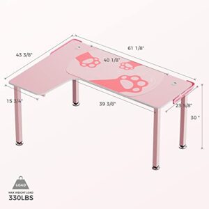 DESIGNA Pink Gaming Desk, 60 inch Pink L Shaped Gaming Desk, with Full Covered Cute Pink Desk mat for Girl Gaming Desk Pink, Easy to Assemble, Left Side