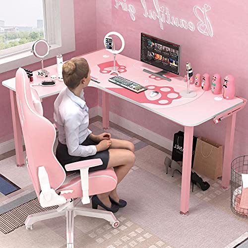 DESIGNA Pink Gaming Desk, 60 inch Pink L Shaped Gaming Desk, with Full Covered Cute Pink Desk mat for Girl Gaming Desk Pink, Easy to Assemble, Left Side