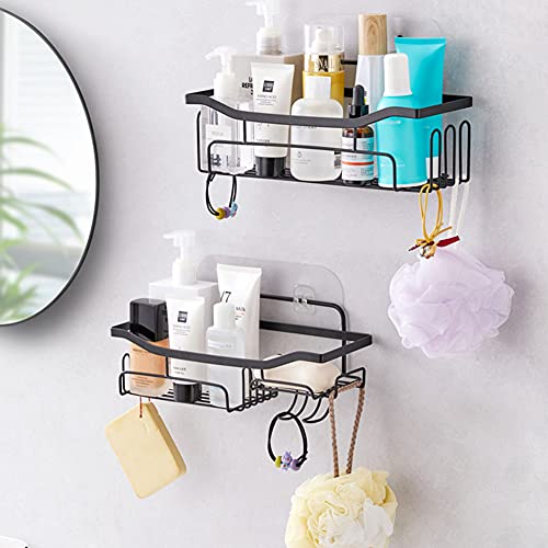 WWMMJA Shower Caddy Bathroom Organizer with Soap Holder Rustproof Shower Caddy Basket Shelf Hooks No Drilling Adhesive Wall Mounted Bathroom Storage Shampoo Holder Organizer, 2 Pack Black