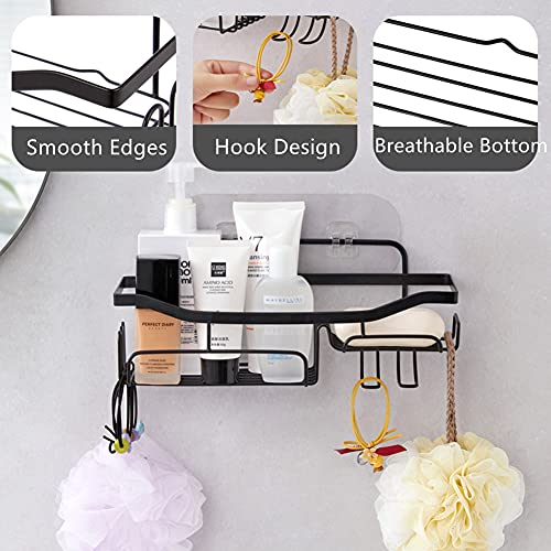 WWMMJA Shower Caddy Bathroom Organizer with Soap Holder Rustproof Shower Caddy Basket Shelf Hooks No Drilling Adhesive Wall Mounted Bathroom Storage Shampoo Holder Organizer, 2 Pack Black