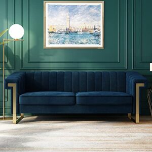 julyfox blue velvet couch channel tufted, 84 inch wide mid century modern living room sofa extra wide armrest 700 lb heavy duty updated chesterfield design