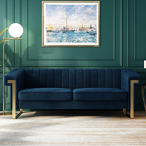 JULYFOX Blue Velvet Couch Channel Tufted, 84 inch Wide Mid Century Modern Living Room Sofa Extra Wide Armrest 700 lb Heavy Duty Updated Chesterfield Design