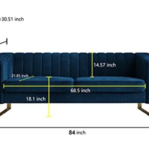 JULYFOX Blue Velvet Couch Channel Tufted, 84 inch Wide Mid Century Modern Living Room Sofa Extra Wide Armrest 700 lb Heavy Duty Updated Chesterfield Design