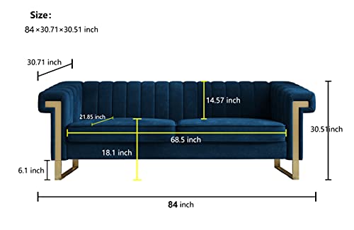 JULYFOX Blue Velvet Couch Channel Tufted, 84 inch Wide Mid Century Modern Living Room Sofa Extra Wide Armrest 700 lb Heavy Duty Updated Chesterfield Design