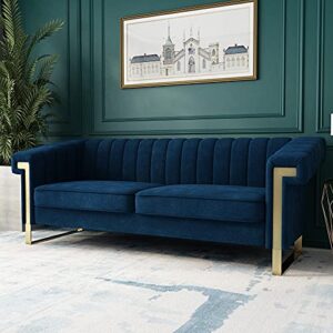 JULYFOX Blue Velvet Couch Channel Tufted, 84 inch Wide Mid Century Modern Living Room Sofa Extra Wide Armrest 700 lb Heavy Duty Updated Chesterfield Design