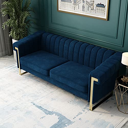 JULYFOX Blue Velvet Couch Channel Tufted, 84 inch Wide Mid Century Modern Living Room Sofa Extra Wide Armrest 700 lb Heavy Duty Updated Chesterfield Design