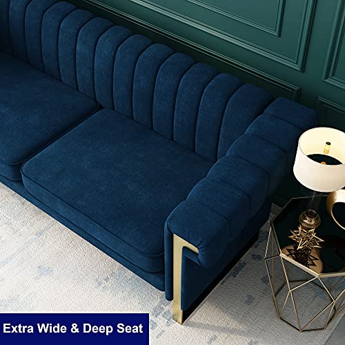 JULYFOX Blue Velvet Couch Channel Tufted, 84 inch Wide Mid Century Modern Living Room Sofa Extra Wide Armrest 700 lb Heavy Duty Updated Chesterfield Design