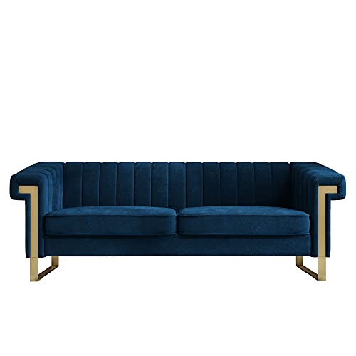 JULYFOX Blue Velvet Couch Channel Tufted, 84 inch Wide Mid Century Modern Living Room Sofa Extra Wide Armrest 700 lb Heavy Duty Updated Chesterfield Design