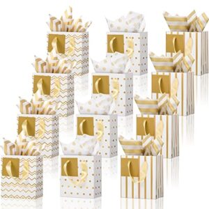 12 pcs small gift bags mini metallic paper bags with handle tag and tissue, wrap bag for birthday wedding christmas holiday baby shower, 4 x 2.8 x 4.5 inch (white gold)