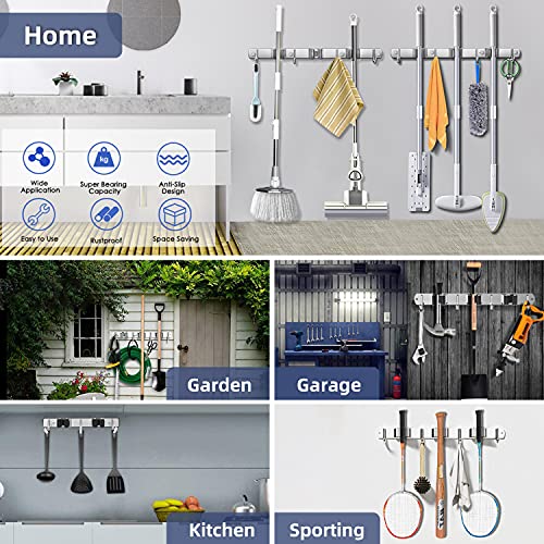 JIAJI Broom Mop Holder Wall Mount Stainless Steel Tool Hanger, Havey Duty Hanger Mounted, Storage Durable Organizer for Home Laundry Kitchen Garage Garden Utility Tools (3 Racks 4Hooks), JAR-21R4H01