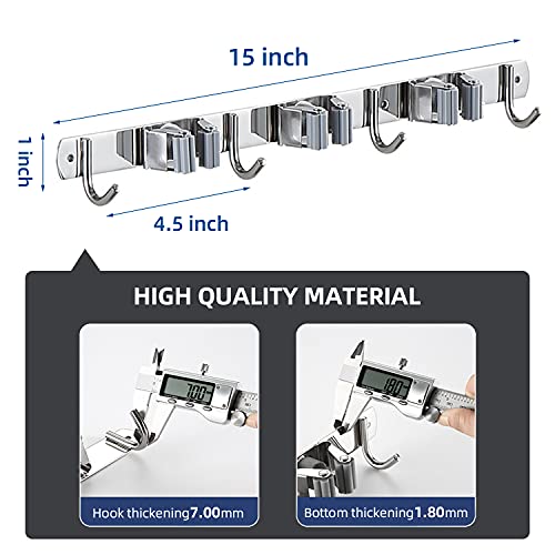 JIAJI Broom Mop Holder Wall Mount Stainless Steel Tool Hanger, Havey Duty Hanger Mounted, Storage Durable Organizer for Home Laundry Kitchen Garage Garden Utility Tools (3 Racks 4Hooks), JAR-21R4H01