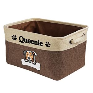 MALIHONG Personalized Foldable Storage Basket with Funny Dog Australian Shepherd Collapsible Sturdy Fabric Bone Pet Toys Storage Bin Cube with Handles for Organizing Shelf Home Closet, Brown & White