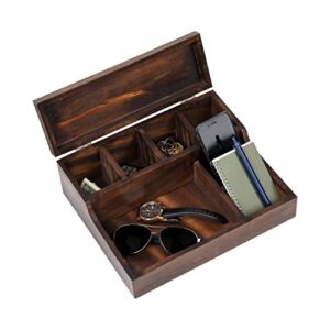 mind reader nightstand valet tray, phone watch holder, bedroom desk organizer, cosmetic accessory storage, jewelry box with 7 compartments, burnt wood, brown 12" x 10" x 4.5"