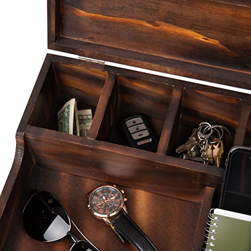 Mind Reader Nightstand Valet Tray, Phone Watch Holder, Bedroom Desk Organizer, Cosmetic Accessory Storage, Jewelry Box with 7 Compartments, Burnt Wood, Brown 12" x 10" x 4.5"