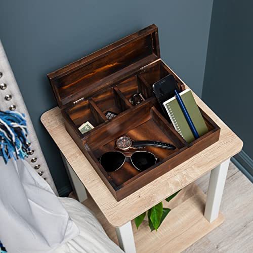 Mind Reader Nightstand Valet Tray, Phone Watch Holder, Bedroom Desk Organizer, Cosmetic Accessory Storage, Jewelry Box with 7 Compartments, Burnt Wood, Brown 12" x 10" x 4.5"