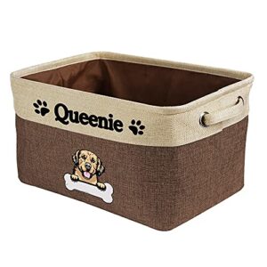 malihong personalized foldable storage basket with cute dog golden retriever collapsible sturdy fabric bone pet toys storage bin cube with handles for organizing shelf home closet, brown and white