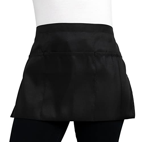 iServ 3 Pockets Black Waist Apron (21x12 inches). Clip-on Server Apron. Restaurant Half Aprons Waitress, Waiter, Server, Bartender, Busser, Barista, Money Apron, Check Holder, Organizer (1)