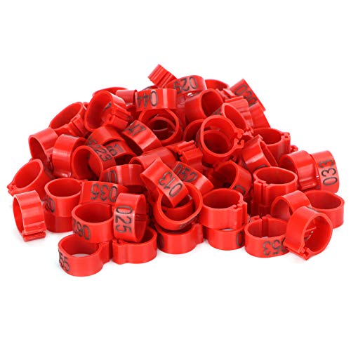 Astibym Bird Clip, 100Pcs Plastic Pigeons Identify Reusable Easy to Use Pigeons Leg Bands 001‑100 Numbered for Parrots(10mm red with Word Ring)